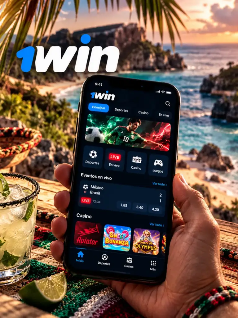 Ilustración de aplicación y acceso móvil de 1win para México